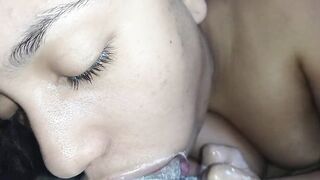 closeup of my little mouth in an bizarre gagging, making him moan with longing until his creampie drips