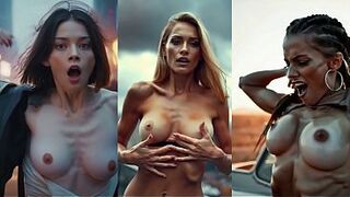 AI Generated supermodel chicks taking off their tops to reveal their awesome bazookas