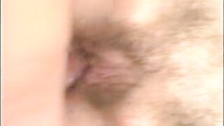 Granny sucks cum off weenie after a hard screw on the bushy snatch