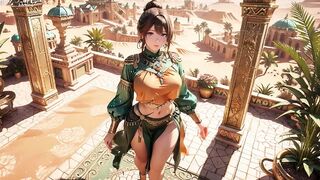 Green Gold Queen Coronation! Lazy side-lying in the desert palace, fingers teasing hair and veil, sun-kissed skin glistening.