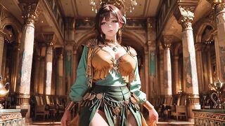 Green Gold Queen Coronation! Lazy side-lying in the desert palace, fingers teasing hair and veil, sun-kissed skin glistening.