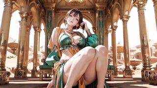 Green Gold Queen Coronation! Lazy side-lying in the desert palace, fingers teasing hair and veil, sun-kissed skin glistening.
