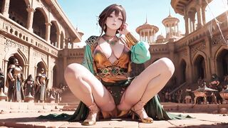 Green Gold Queen Coronation! Lazy side-lying in the desert palace, fingers teasing hair and veil, sun-kissed skin glistening.