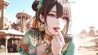 Green Gold Queen Coronation! Lazy side-lying in the desert palace, fingers teasing hair and veil, sun-kissed skin glistening.