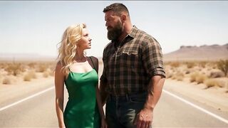 AI-generated. A golden-haired woman's car broke down on the highway.