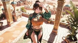 Green Gold Queen Coronation! Slothful Side-lying in the Desert Palace, Fingers Teasing Hair and Veil, Sun-kissed Skin Glistening.
