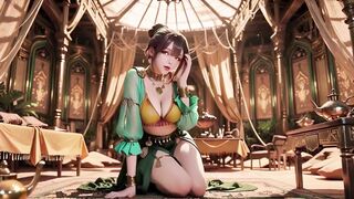 Green Gold Queen Coronation! Slothful Side-lying in the Desert Palace, Fingers Teasing Hair and Veil, Sun-kissed Skin Glistening.