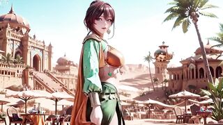 Green Gold Queen Coronation! Slothful Side-lying in the Desert Palace, Fingers Teasing Hair and Veil, Sun-kissed Skin Glistening.
