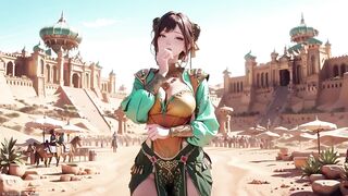 Green Gold Queen Coronation! Slothful Side-lying in the Desert Palace, Fingers Teasing Hair and Veil, Sun-kissed Skin Glistening.