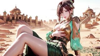 Green Gold Queen Coronation! Slothful Side-lying in the Desert Palace, Fingers Teasing Hair and Veil, Sun-kissed Skin Glistening.