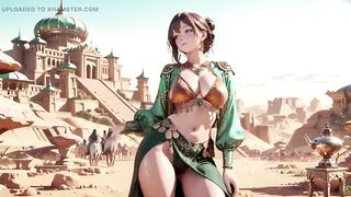Green Gold Queen Coronation! Slothful Side-lying in the Desert Palace, Fingers Teasing Hair and Veil, Sun-kissed Skin Glistening.