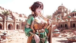 Green Gold Queen Coronation! Slothful Side-lying in the Desert Palace, Fingers Teasing Hair and Veil, Sun-kissed Skin Glistening.