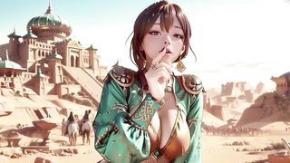 Green Gold Queen Coronation! Slothful Side-lying in the Desert Palace, Fingers Teasing Hair and Veil, Sun-kissed Skin Glistening.