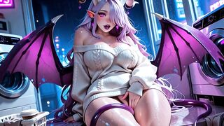 Concupiscent Demon Girl Pulls Her Sweater Down in the Empty Laundromat and Shows Everything (AI generated)