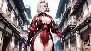 Silver-Haired Samurai's Private Dojo! Red & Black Kimono slightly open, dual swords in hand yet undeniably seductive.