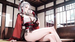 Silver-Haired Samurai's Private Dojo! Red & Black Kimono slightly open, dual swords in hand yet undeniably seductive.
