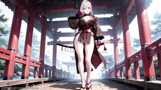 Silver-Haired Samurai's Private Dojo! Red & Black Kimono slightly open, dual swords in hand yet undeniably seductive.