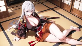 Silver-Haired Samurai's Private Dojo! Red & Black Kimono slightly open, dual swords in hand yet undeniably seductive.