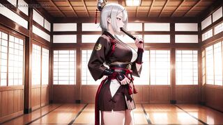 Silver-Haired Samurai's Private Dojo! Red & Black Kimono slightly open, dual swords in hand yet undeniably seductive.