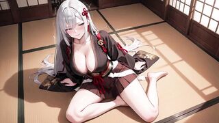 Silver-Haired Samurai's Private Dojo! Red & Black Kimono slightly open, dual swords in hand yet undeniably seductive.
