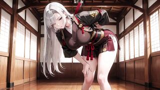 Silver-Haired Samurai's Private Dojo! Red & Black Kimono slightly open, dual swords in hand yet undeniably seductive.