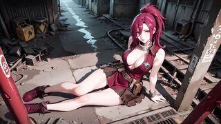 Redhead Warrior in Ruins! Forbidden Meeting in the Industrial Wasteland, her tight combat dress juicy and hazy eyes.