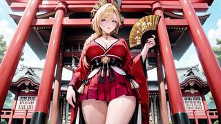 Red & Black Miko! Forbidden Shrine Prayer, High-Slit Hakama Exposure, Golden Goddess-whore's Soaked Gaze!
