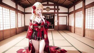 Red & Black Miko! Forbidden Shrine Prayer, High-Slit Hakama Exposure, Golden Goddess-whore's Soaked Gaze!