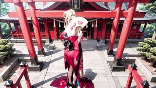 Red & Black Miko! Forbidden Shrine Prayer, High-Slit Hakama Exposure, Golden Goddess-whore's Soaked Gaze!