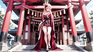 Red & Black Miko! Forbidden Shrine Prayer, High-Slit Hakama Exposure, Golden Goddess-whore's Soaked Gaze!