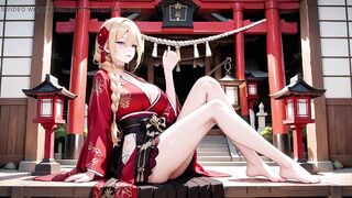 Red & Black Miko! Forbidden Shrine Prayer, High-Slit Hakama Exposure, Golden Goddess-whore's Soaked Gaze!