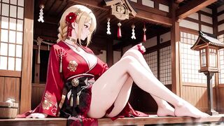 Red & Black Miko! Forbidden Shrine Prayer, High-Slit Hakama Exposure, Golden Goddess-whore's Soaked Gaze!