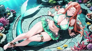 Red-haired Mermaid Princess's Private Trip in the Underwater Palace, Green Bikini hugging her curves, Heeled Boots on soft sand,