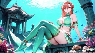 Red-haired Mermaid Princess's Private Trip in the Underwater Palace, Green Bikini hugging her curves, Heeled Boots on soft sand,