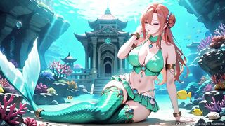 Red-haired Mermaid Princess's Private Trip in the Underwater Palace, Green Bikini hugging her curves, Heeled Boots on soft sand,