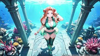 Red-haired Mermaid Princess's Private Trip in the Underwater Palace, Green Bikini hugging her curves, Heeled Boots on soft sand,