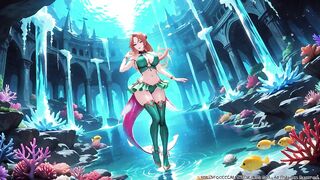 Red-haired Mermaid Princess's Private Trip in the Underwater Palace, Green Bikini hugging her curves, Heeled Boots on soft sand,