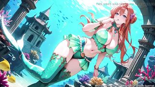 Red-haired Mermaid Princess's Private Trip in the Underwater Palace, Green Bikini hugging her curves, Heeled Boots on soft sand,