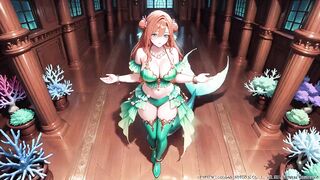 Red-haired Mermaid Princess's Private Trip in the Underwater Palace, Green Bikini hugging her curves, Heeled Boots on soft sand,