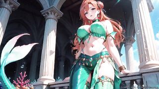 Red-haired Mermaid Princess's Private Trip in the Underwater Palace, Green Bikini hugging her curves, Heeled Boots on soft sand,