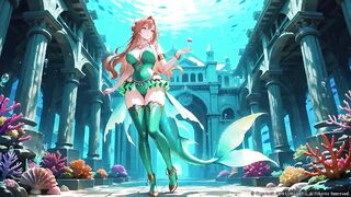 Red-haired Mermaid Princess's Private Trip in the Underwater Palace, Green Bikini hugging her curves, Heeled Boots on soft sand,