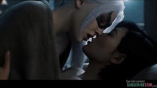 Lesbian AI grok Imagine movie scene, Videogame superhero Spiderman, Black-cat and Yuri