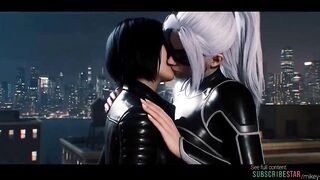 Lesbian AI grok Imagine movie scene, Videogame superhero Spiderman, Black-cat and Yuri