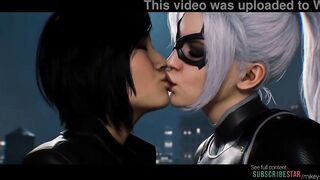 Lesbian AI grok Imagine movie scene, Videogame superhero Spiderman, Black-cat and Yuri