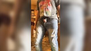 Taking a hopeless full bladder void urine in the kitchen with my ramrod dancing in between urinate streams