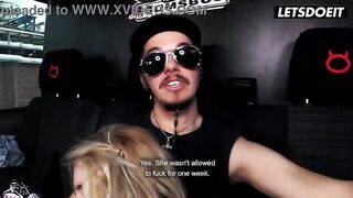 Nude Golden-haired with a Big Butt Gagging on His Dick Between the Van Seats