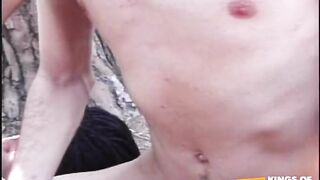 two lads share their girls outside while having deep anal fuck