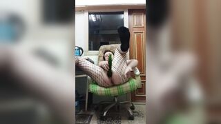 Gay loves to jerk his shlong with a giant cucumber in his booty!