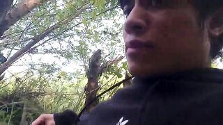 The cute homosexual twink stroking his schlong, pulled through his fly while outdoors, is Jon Arteen