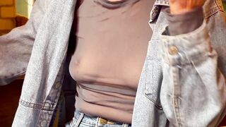 Completely exposing my titties and teats in a sheer blouse in a public place